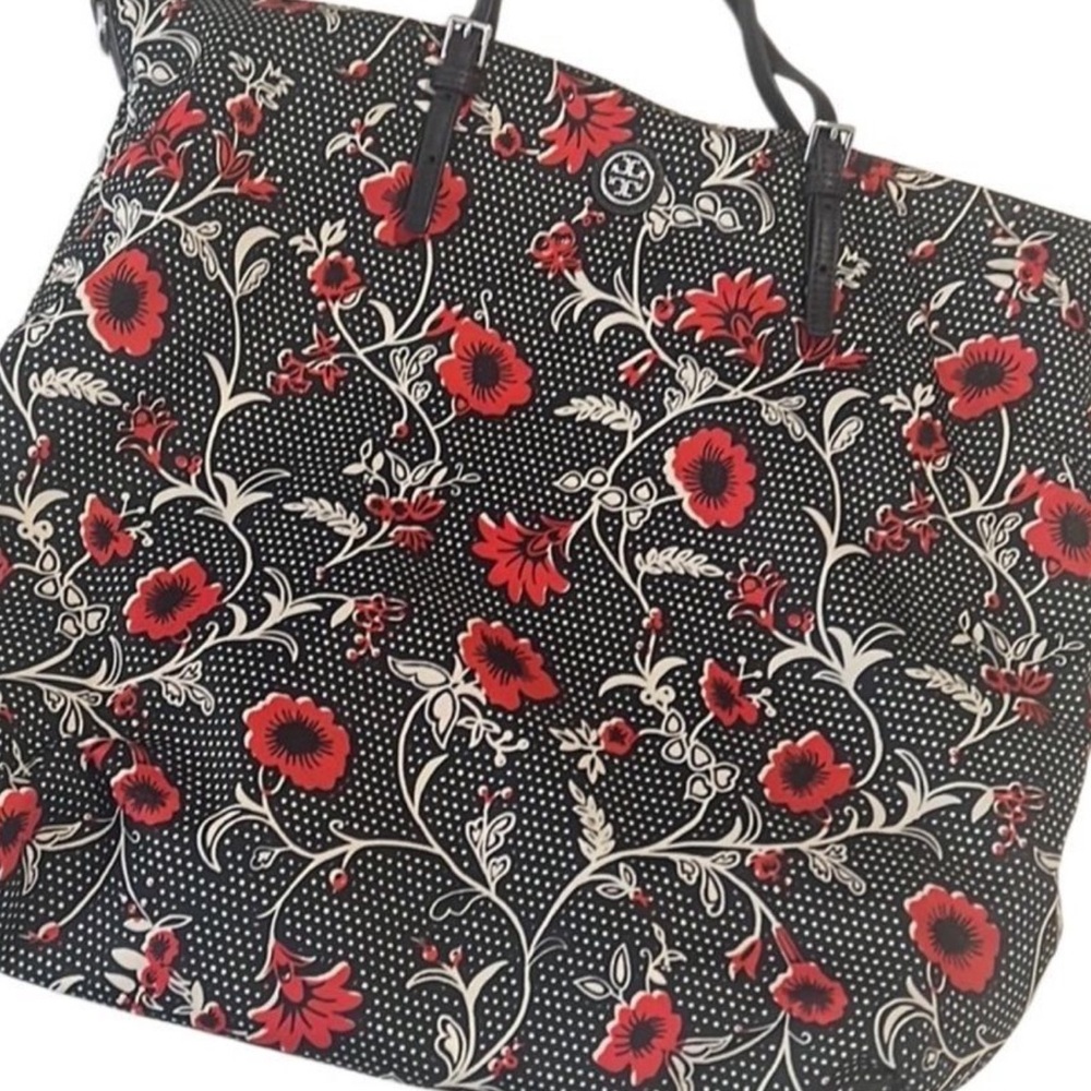 Tory Burch Virginia Red Retro Floral Block Print Nylon Leather Zip Tote Bag